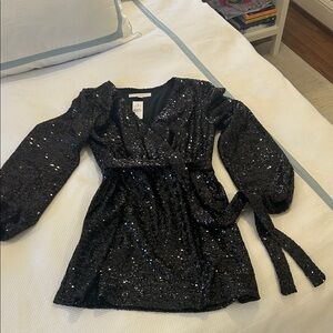 LOFT Black Sequin Belted Dress